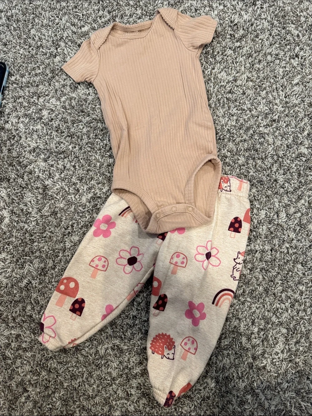 Carters Beige Ribbed Bodysuit with Garanimals Pink Mushroom Print Pants